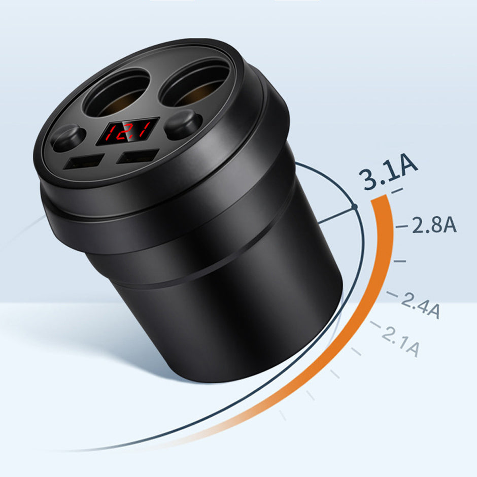 Multi-Function Digital Display Car Charger with Cigarette Lighter and Cup Holder Design - AutoBits