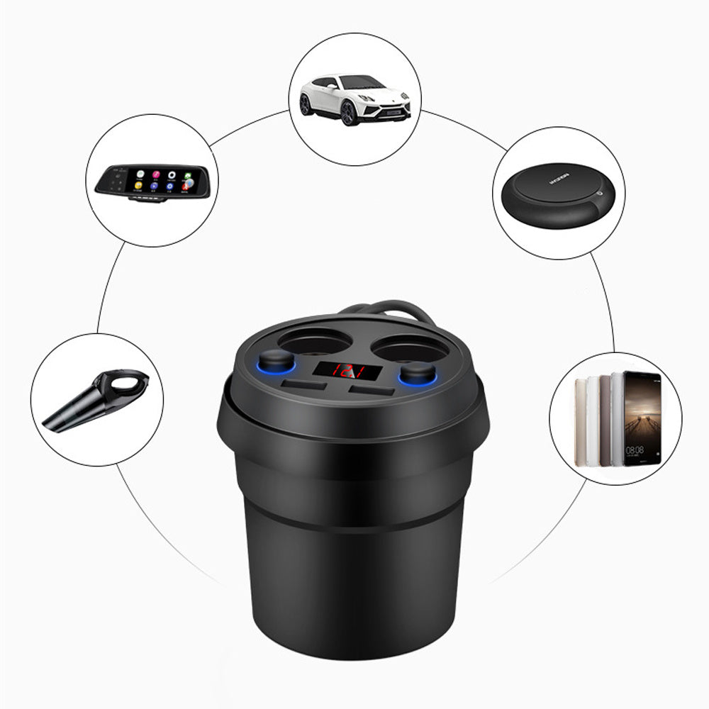 Multi-Function Digital Display Car Charger with Cigarette Lighter and Cup Holder Design