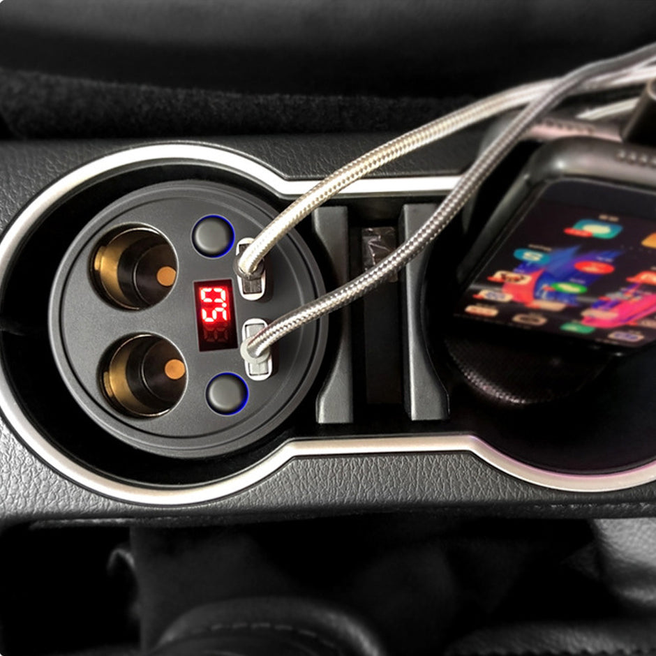 Multi-Function Digital Display Car Charger with Cigarette Lighter and Cup Holder Design - AutoBits
