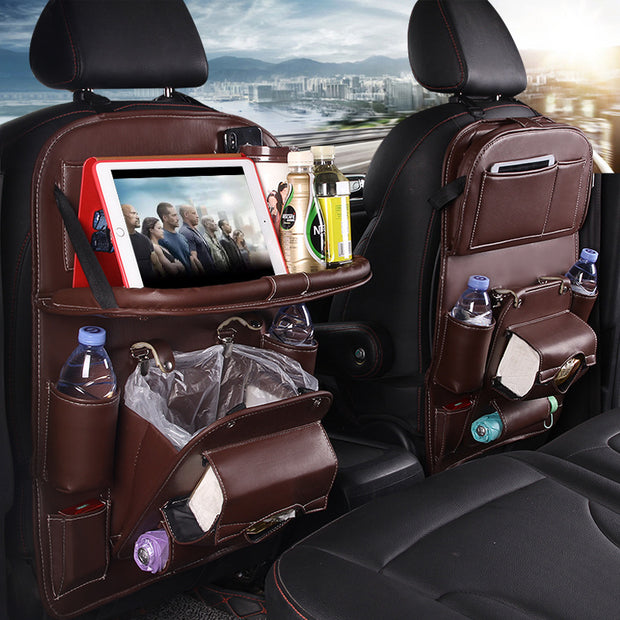 PU Leather Car Back Seat Organizer – Waterproof, Multi-Pocket Storage & Foldable Tray Table