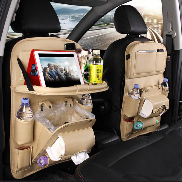 PU Leather Car Back Seat Organizer – Waterproof, Multi-Pocket Storage & Foldable Tray Table
