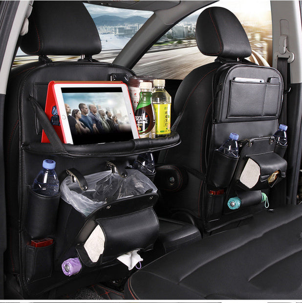 PU Leather Car Back Seat Organizer – Waterproof, Multi-Pocket Storage & Foldable Tray Table
