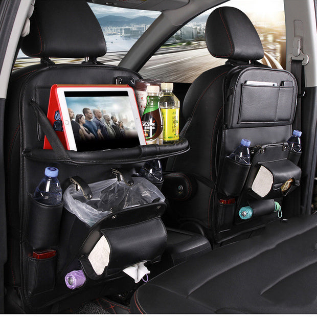 PU Leather Car Back Seat Organizer – Waterproof, Multi-Pocket Storage & Foldable Tray Table
