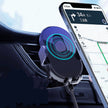 Close-up of a smartphone mounted on a wireless charging car mount displaying a navigation app.