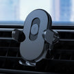 Close-up of a dark gray car air vent phone holder with a wireless charging symbol.