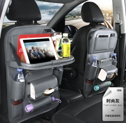 PU Leather Car Back Seat Organizer – Waterproof, Multi-Pocket Storage & Foldable Tray Table