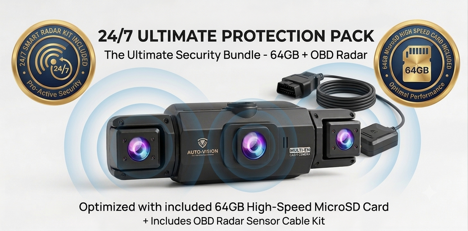 AutoBitStore™ 360° 4-Channel Dash Cam – Full Vehicle Surround Coverage, IR Night Vision & Smart OBD Radar Surveillance System