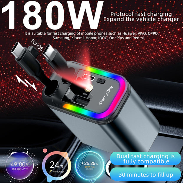 180W Car Charger – Starry Sky Ambient Light + Retractable Cable