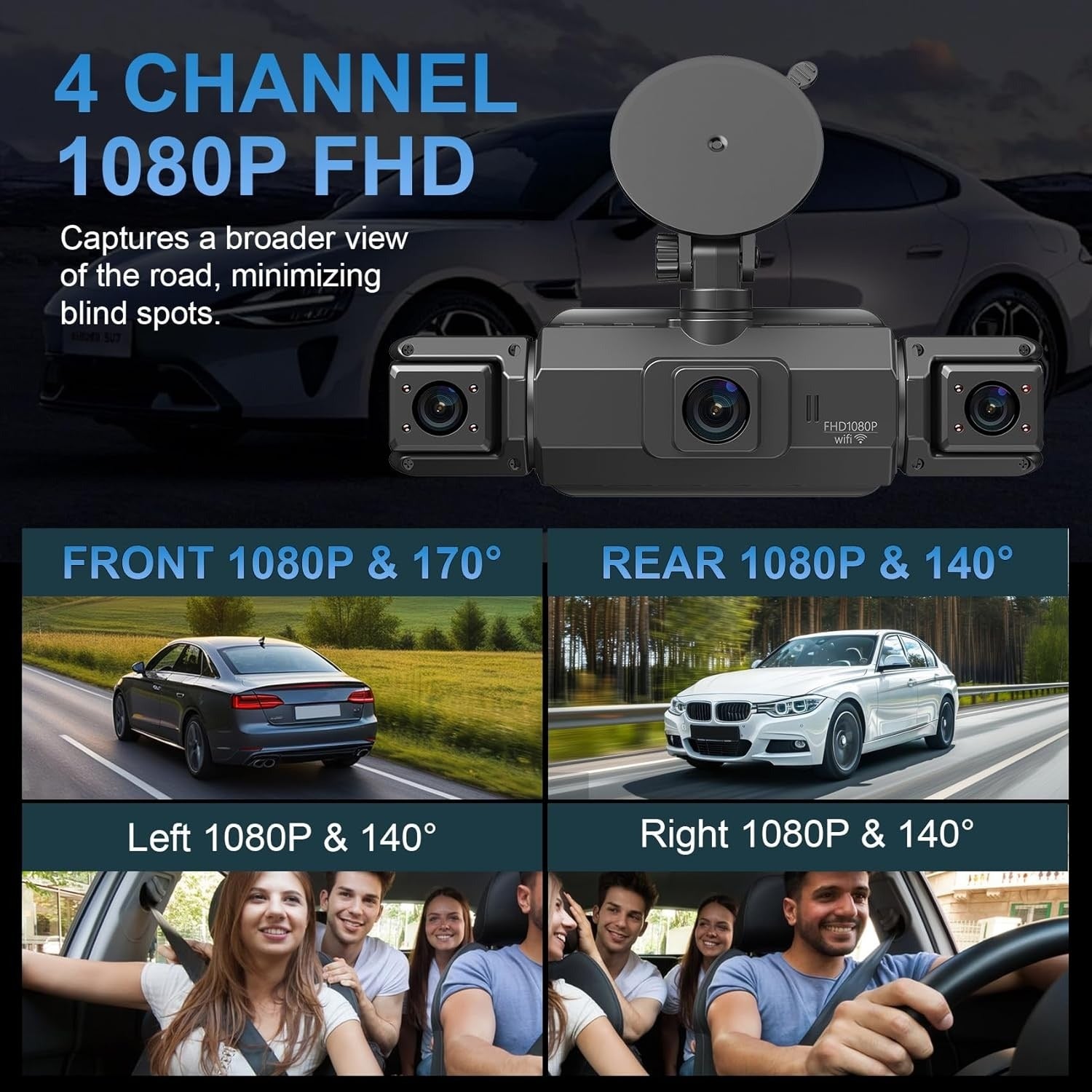 AutoBitStore™ 360° 4-Channel Dash Cam – Full Vehicle Surround Coverage, IR Night Vision & Smart OBD Radar Surveillance System