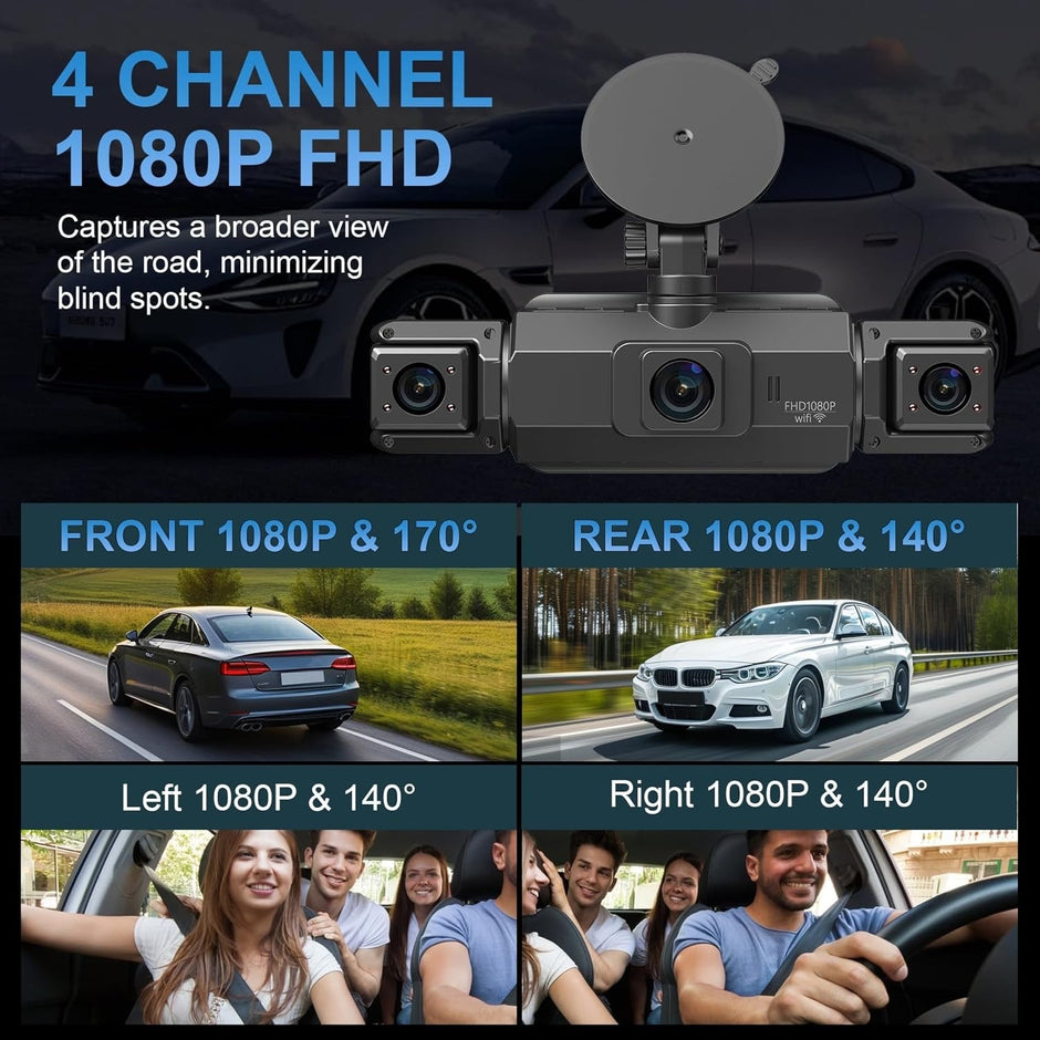 AutoBitStore™ 360° 4-Channel Dash Cam – Full Vehicle Surround Coverage, IR Night Vision & Smart OBD Radar Surveillance System