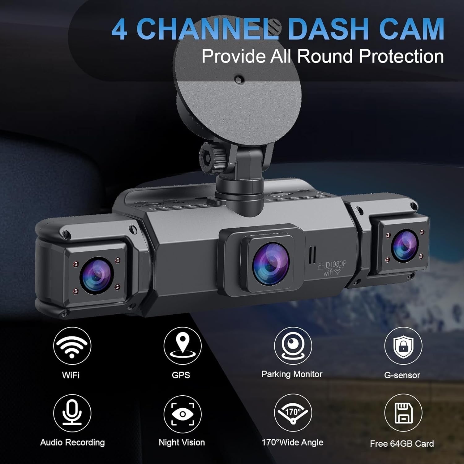 AutoBitStore™ 360° 4-Channel Dash Cam – Full Vehicle Surround Coverage, IR Night Vision & Smart OBD Radar Surveillance System