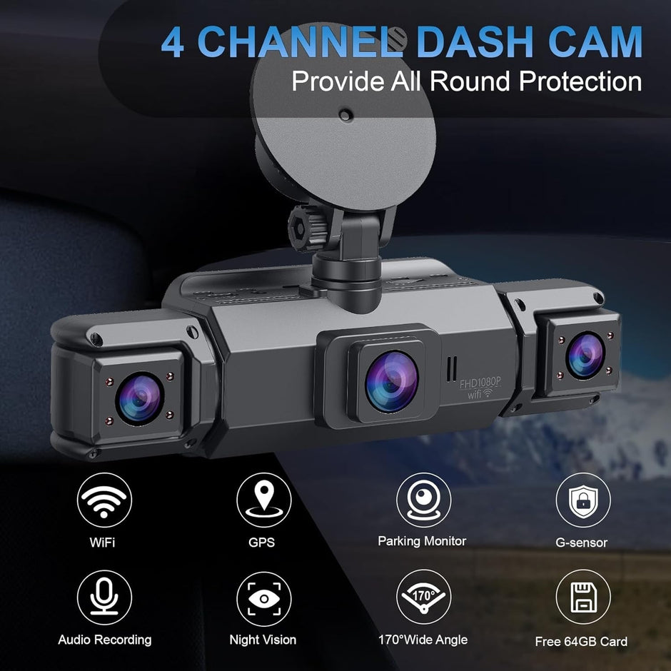 AutoBitStore™ 360° 4-Channel Dash Cam – Full Vehicle Surround Coverage, IR Night Vision & Smart OBD Radar Surveillance System