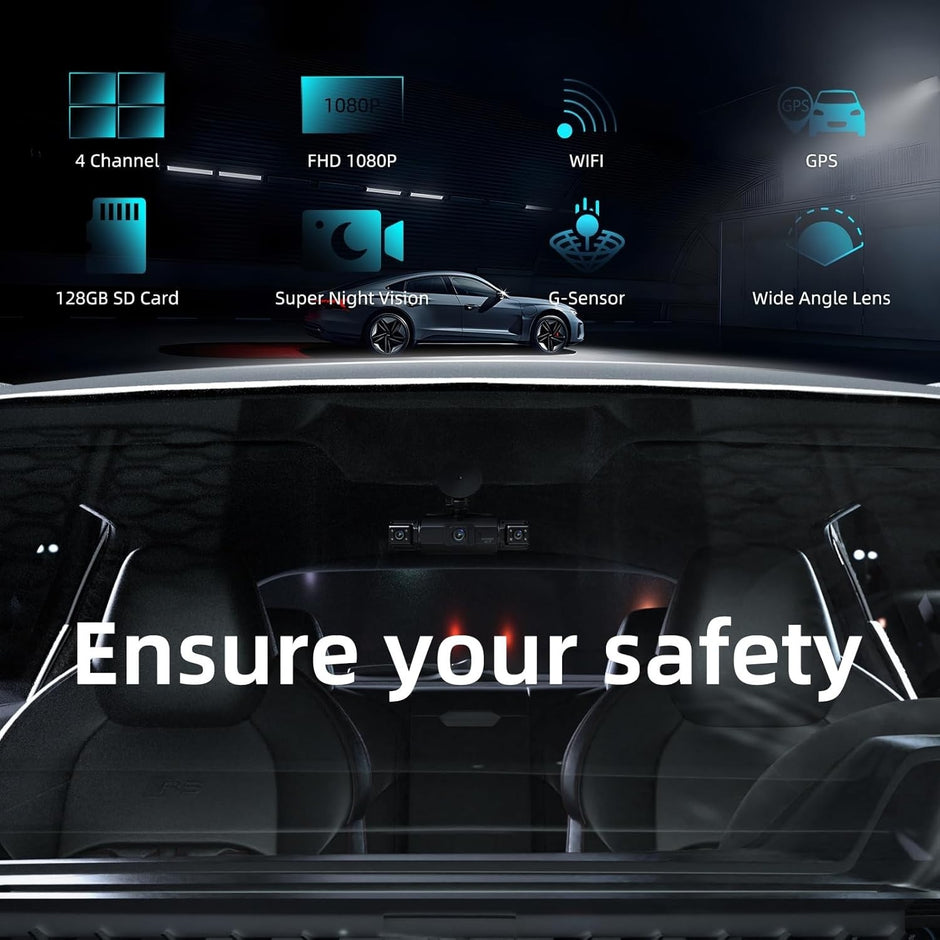 AutoBitStore™ 360° 4-Channel Dash Cam – Full Vehicle Surround Coverage, IR Night Vision & Smart OBD Radar Surveillance System