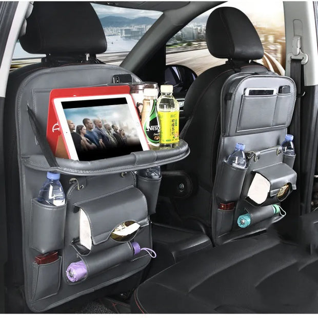 PU Leather Car Back Seat Organizer – Waterproof, Multi-Pocket Storage & Foldable Tray Table
