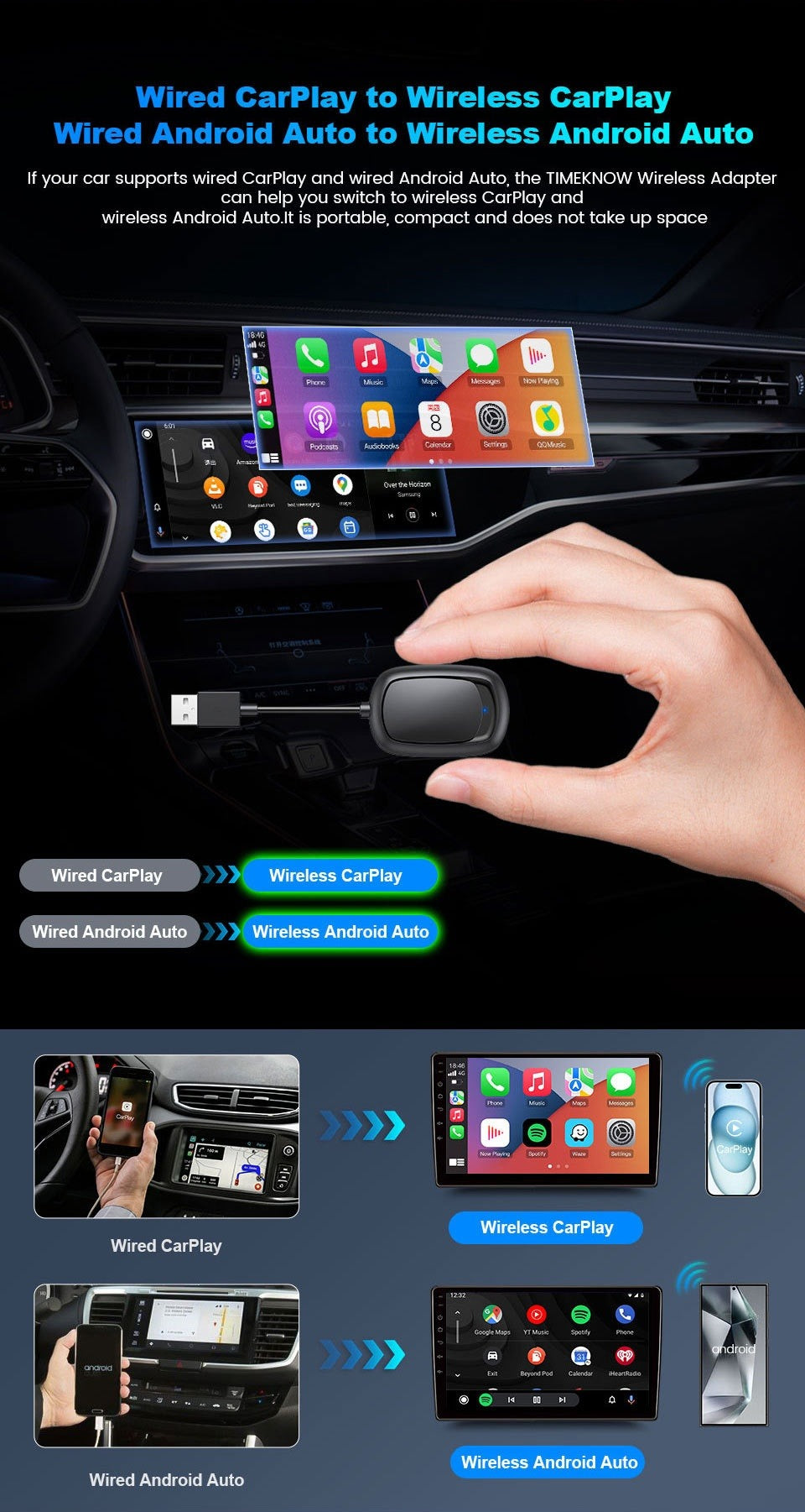2-in-1 CarPlay & Android Auto USB Adapter – Wired or Wireless