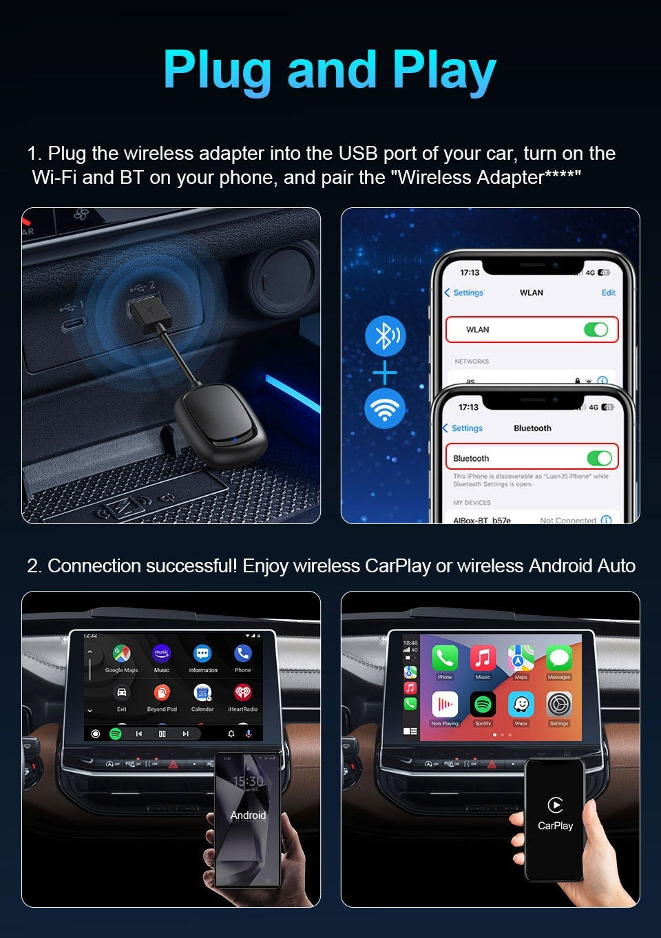 2-in-1 CarPlay & Android Auto USB Adapter – Wired or Wireless