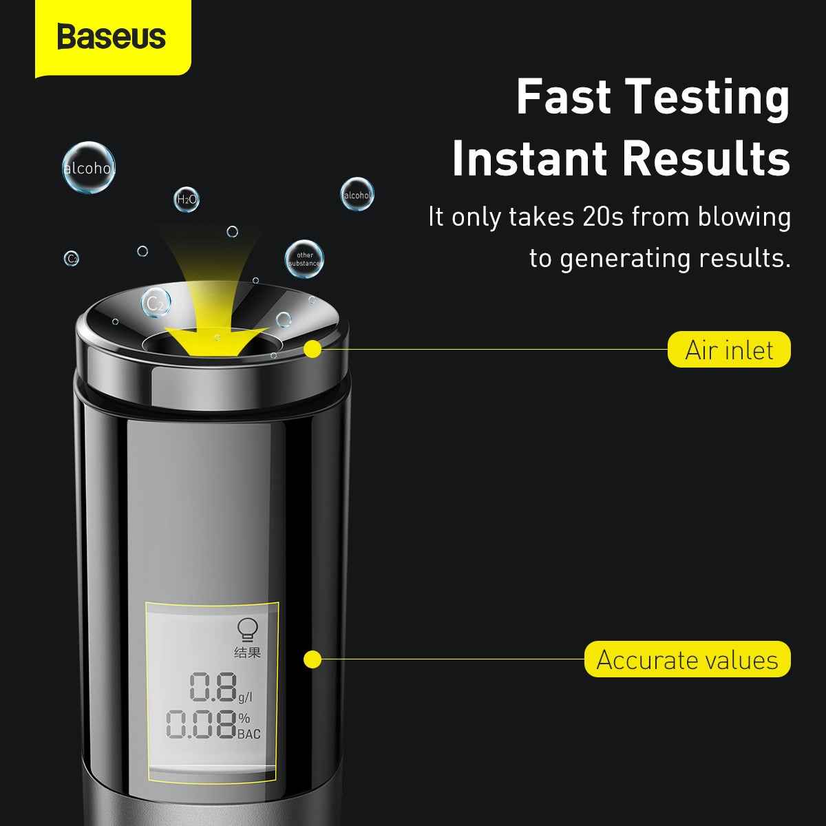 Baseus Rechargeable Breathalyzer – Precision Alcohol Tester, USB-C, One-Button Operation | Pocket Size