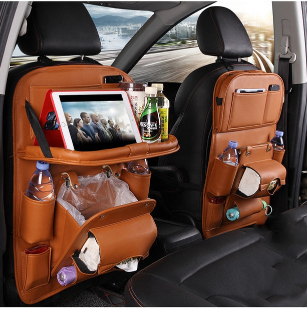 PU Leather Car Back Seat Organizer – Waterproof, Multi-Pocket Storage & Foldable Tray Table