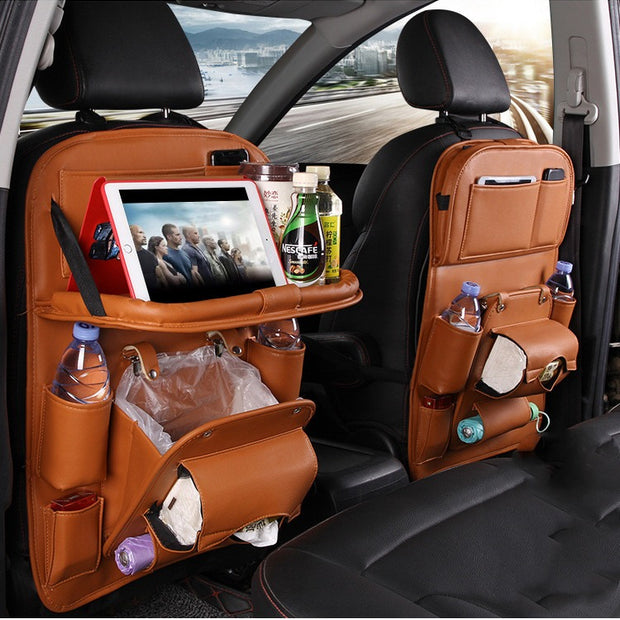 PU Leather Car Back Seat Organizer – Waterproof, Multi-Pocket Storage & Foldable Tray Table